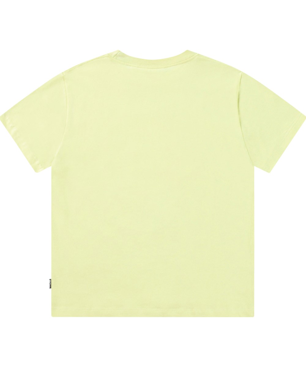 Roxo - Sticker Smile - Gelbes T-Shirt für Kinder aus Öko-Baumwolle mit kurzen Ärmeln und geripptem Ausschnitt.