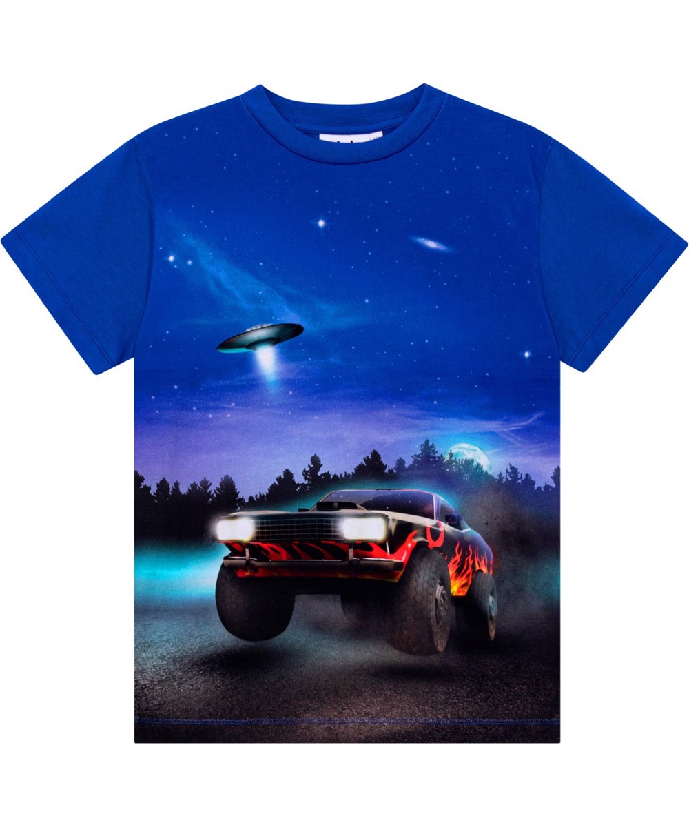 Roxo - UFO And  Car - Blaues Öko-T-Shirt mit platziertem UFO- und Auto-Aufdruck