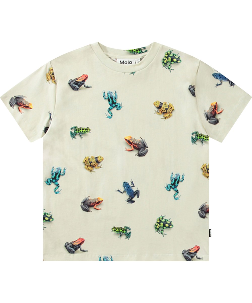 Roxo - Vibrant Frogs - Off-weißes T-Shirt für Kinder aus Öko-Baumwolle mit kurzen Ärmeln, geripptem Ausschnitt und lockerer Passform.