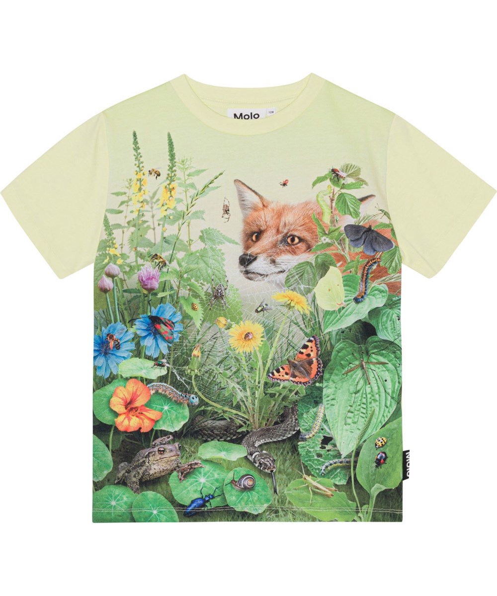 Roxo - Wild Garden - Gelbes Öko-T-Shirt mit platziertem Naturdruck