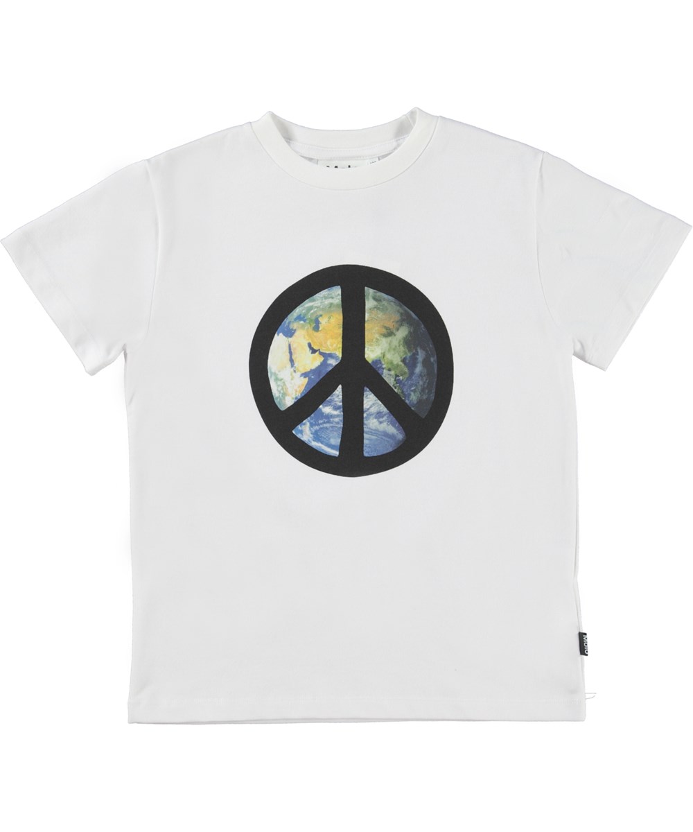 Roxo - White - Weißes Öko-T-Shirt mit Globe-Peace-Print