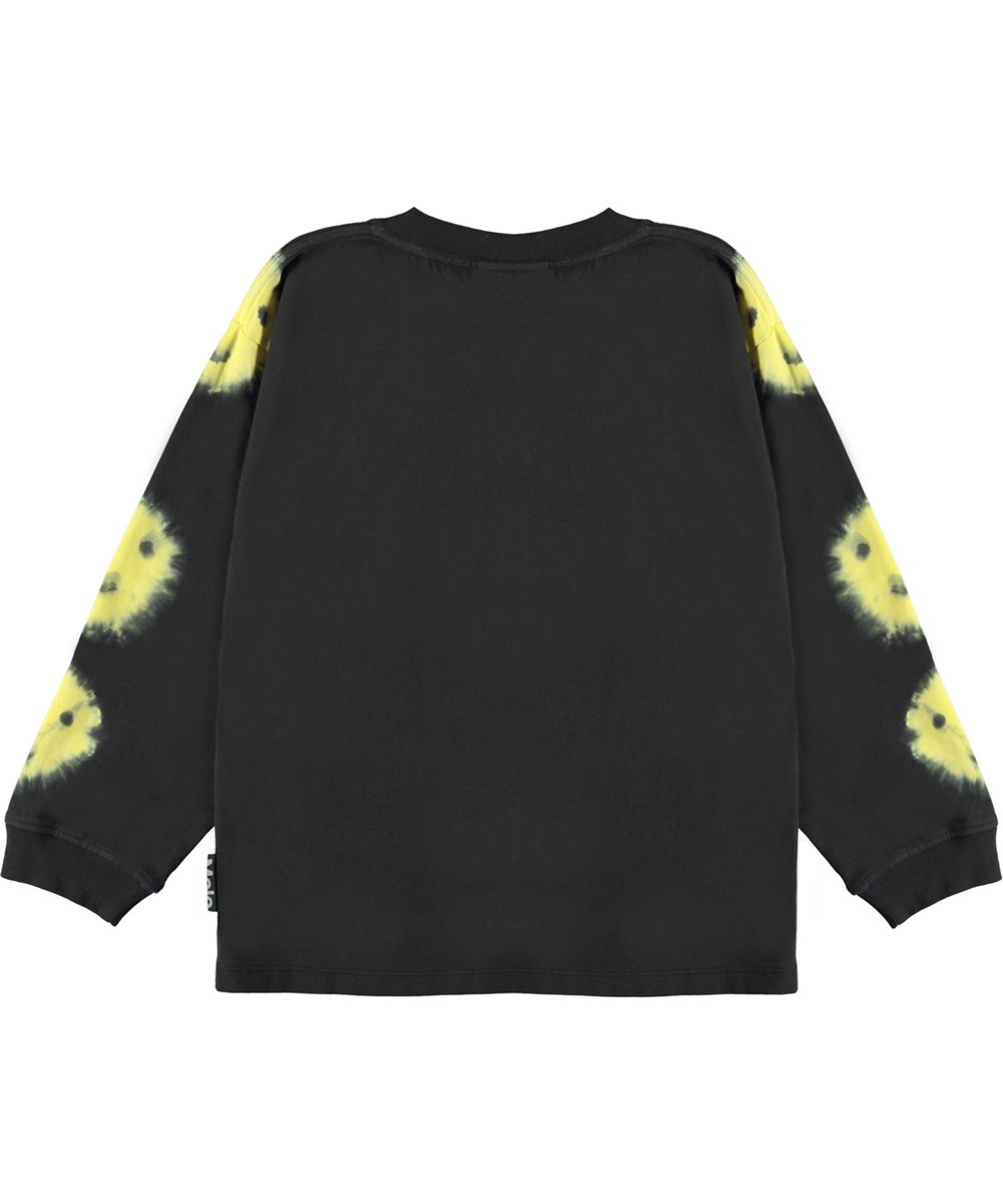 Rube - Faces Tie Dye - Schwarzes Sweatshirt mit gelbem Batik-Smiley-Print.