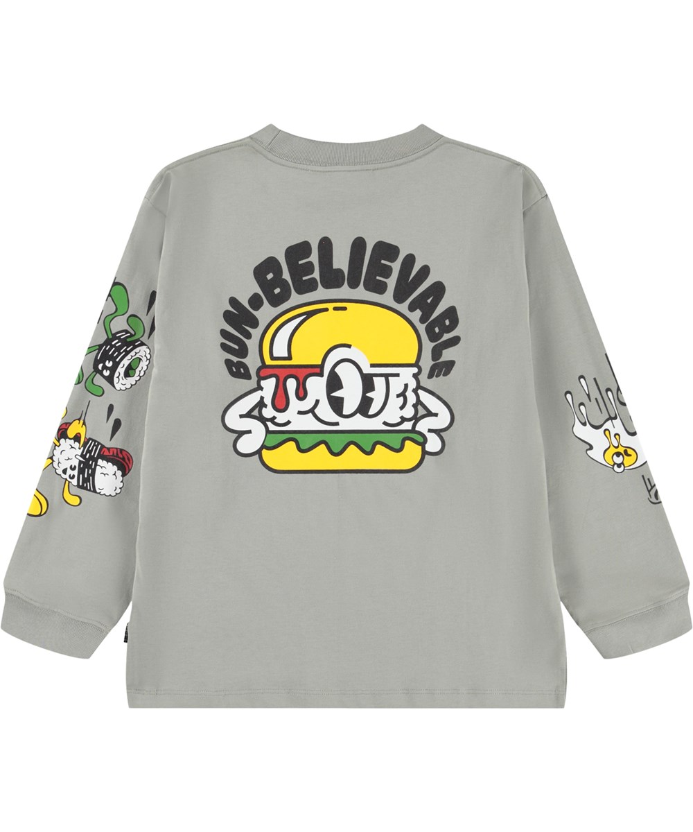 Rube - Funny Food - Graues Langarmshirt für Kinder aus Öko-Baumwolle mit geripptem Ausschnitt und Ärmeln, bedruckt mit lebendigen Lebensmitteln und lustigen Sprüchen.