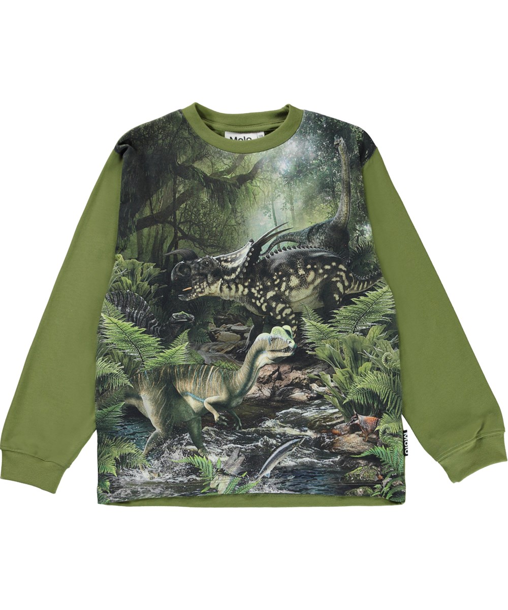 Rube - Green Dinos - Grünes Öko-Langarmshirt mit Dinosaurier-Print