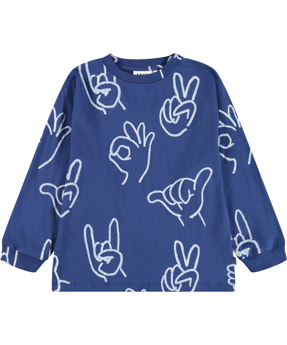 Rube - Handdrawn - Blaues Langarmshirt für Kinder aus Öko-Baumwolle mit geripptem Ausschnitt und süßen und lustigen Handzeichen-Druck.