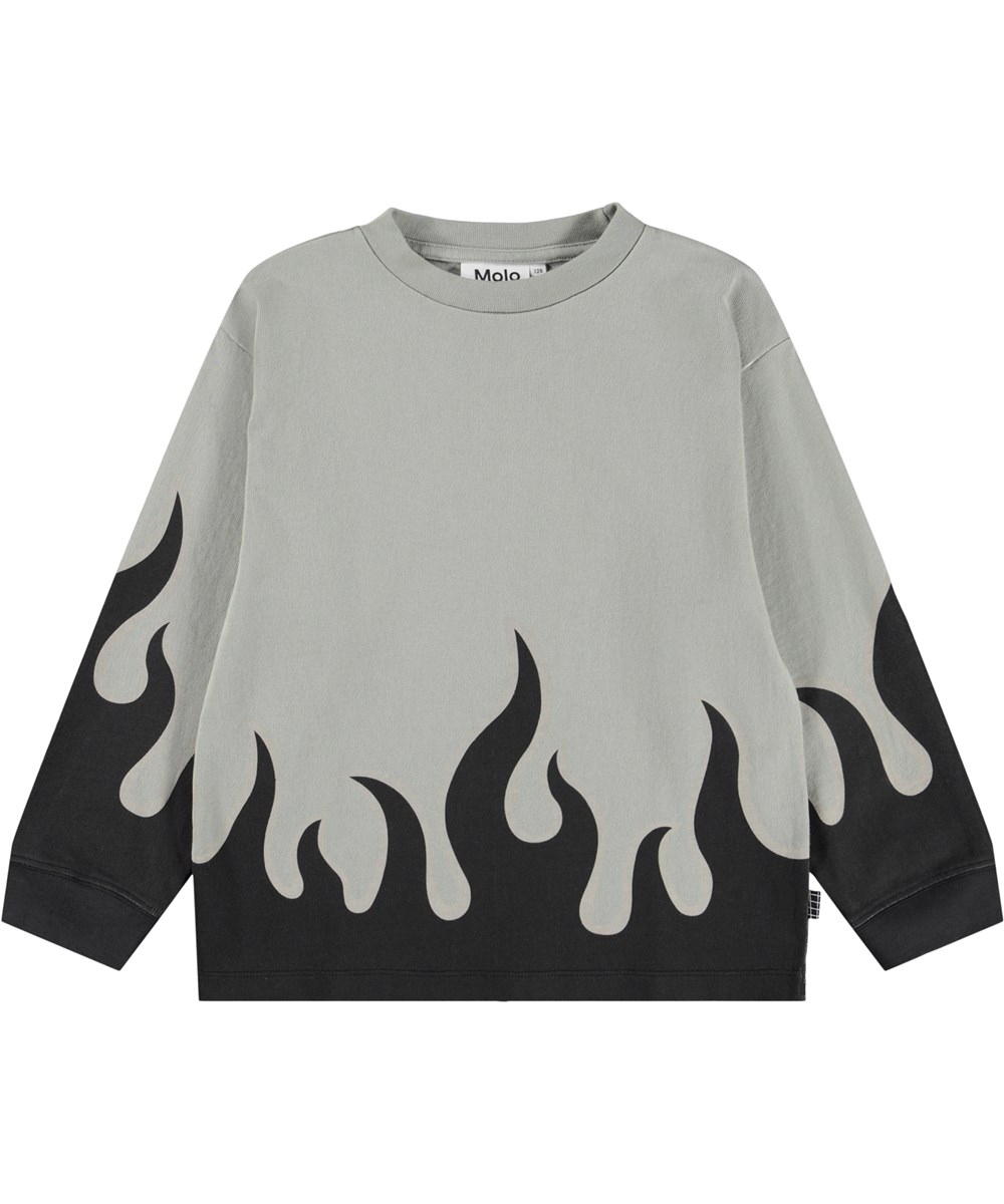 Rube - Heated - Graues Langarmshirt für Kinder aus Öko-Baumwolle mit geripptem Ausschnitt und Ärmeln sowie einem schwarzen Flammenmuster an der Taille.