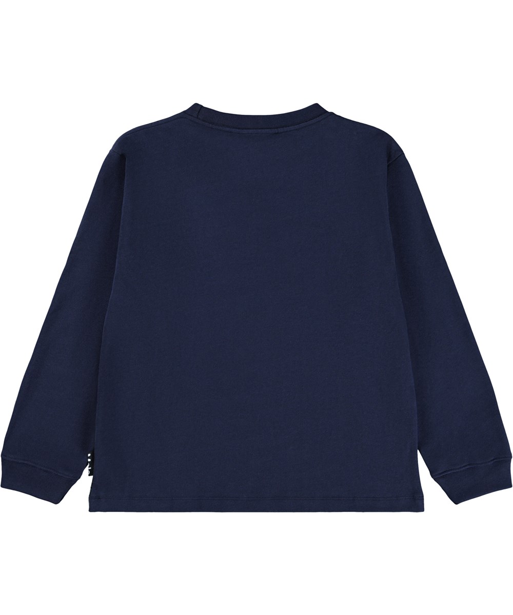 Rube - In Space - Dunkelblaues Langarmshirt für Kinder aus Öko-Baumwolle mit geripptem Ausschnitt und einem Druck des Mannes im Mond und einer Spiegelung in der Maske der Planeten.