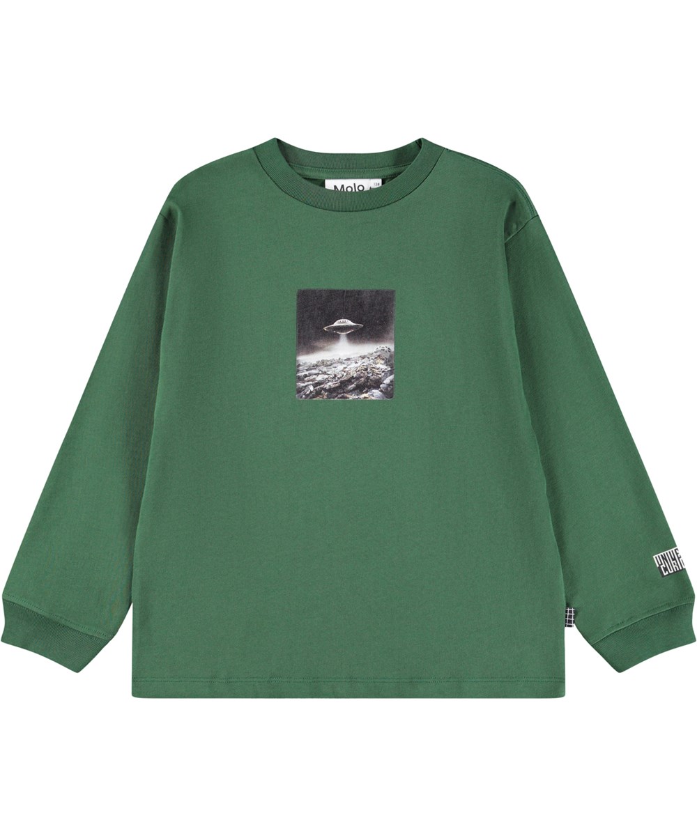 Rube - Pine Tree - Dunkelgrünes Langarmshirt für Kinder aus Öko-Baumwolle mit geripptem Ausschnitt und Ärmeln sowie einem UFO-Print auf Vorder- und Rückseite.