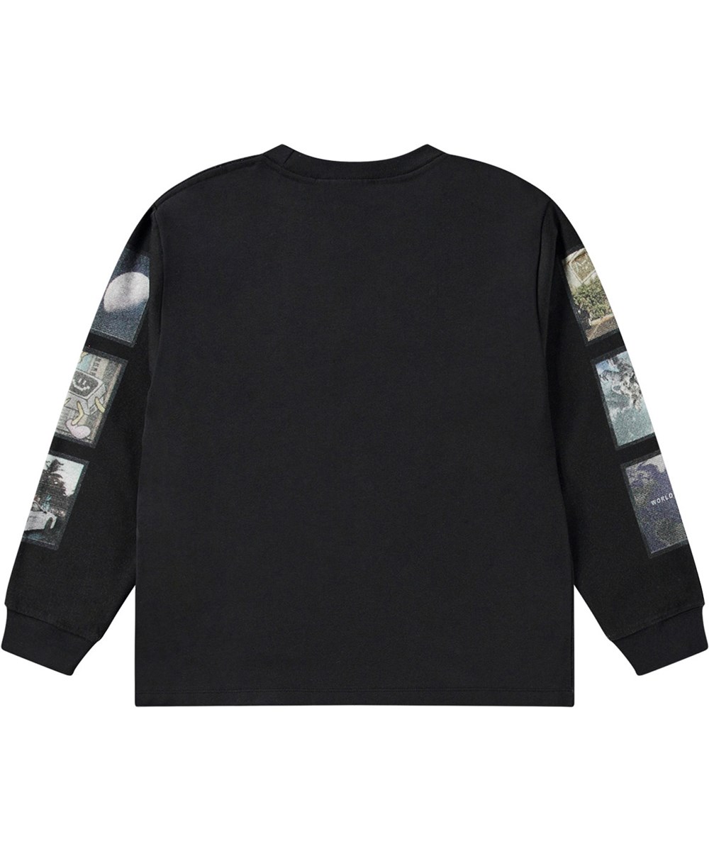 Rube - Screens Placed - Langärmlige schwarze Bluse mit platziertem Science-Fiction-Druck.