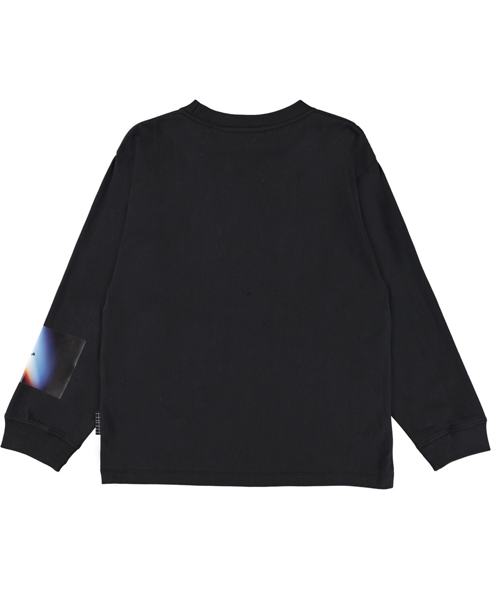 Rube - Space Collage - Schwarze Öko-Bluse mit Aufdruck des Zimmers.