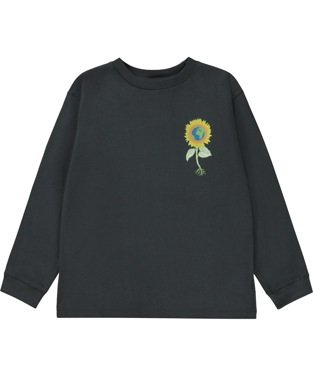 Rube - Under The Sun - Schwarzes Öko Langarm T-Shirt mit Sonnenblumen Print