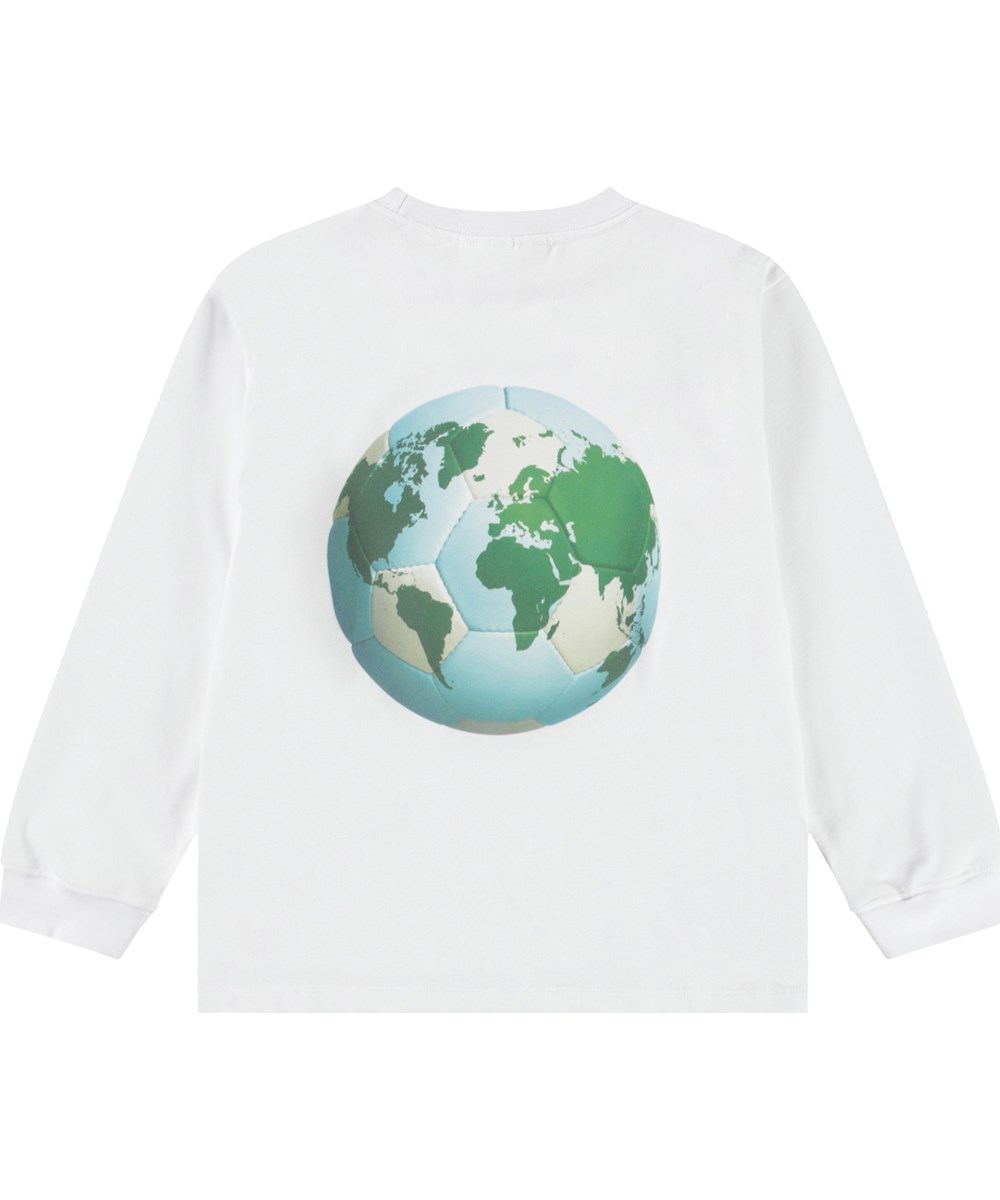 Rube - World Ball - Weißes Langarmshirt für Kinder aus Öko-Baumwolle mit geripptem Besatz am Ausschnitt und an den Ärmeln sowie einer lockeren Passform.