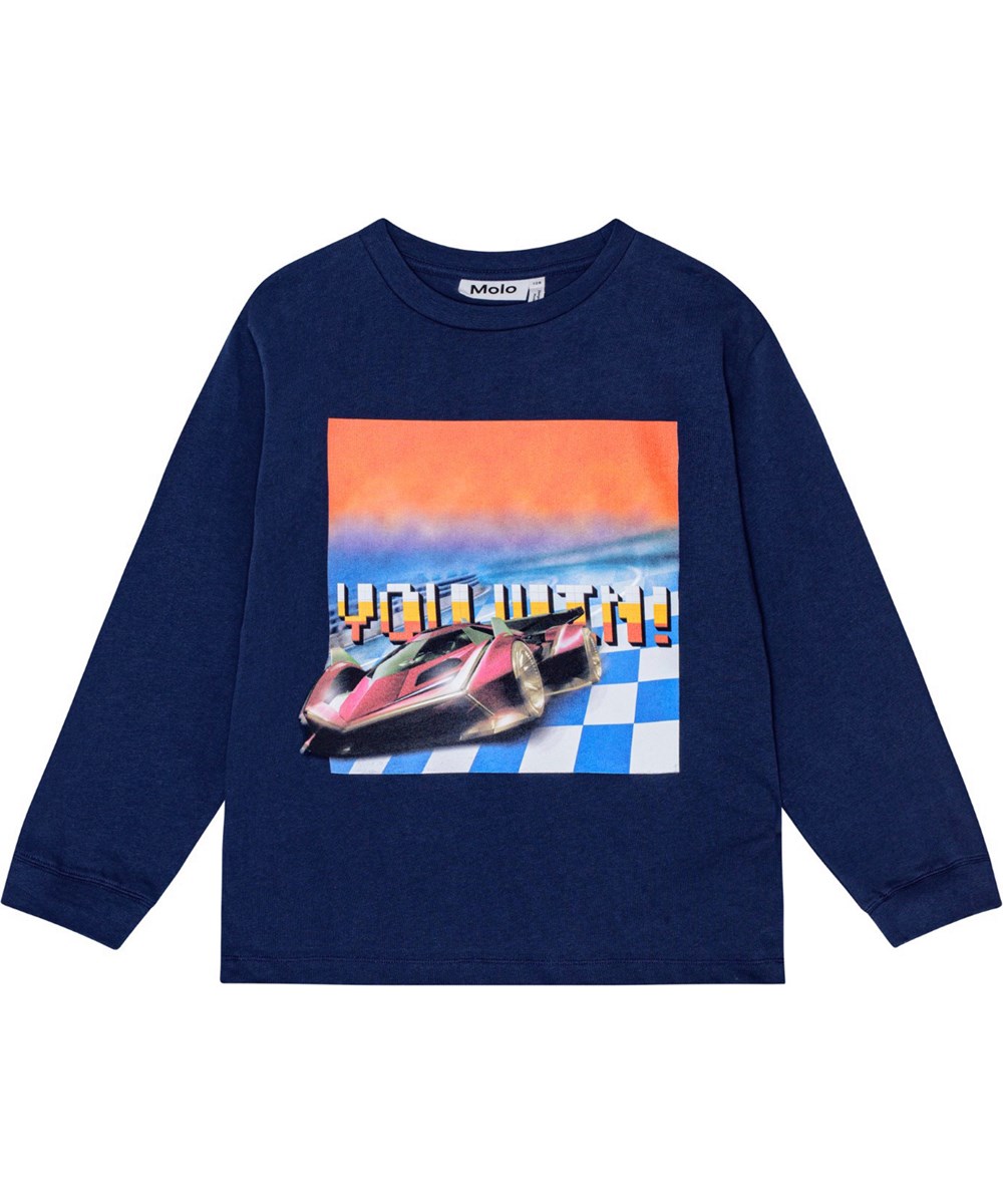 Rube - You Win - Dunkelblaue langärmelige Bluse aus Öko-Baumwolle mit einem Rennspiel-Druck auf der Vorderseite.