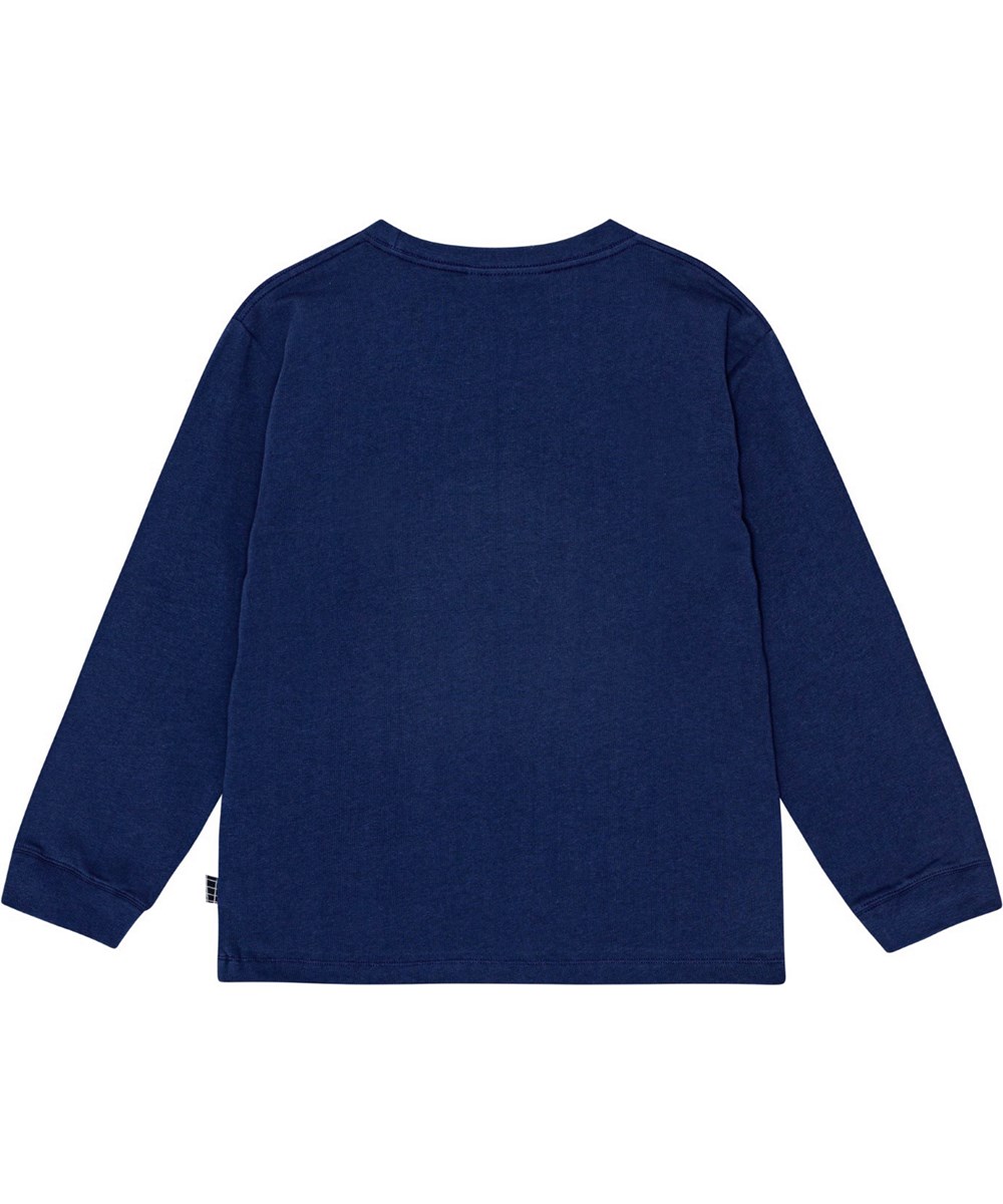 Rube - You Win - Dunkelblaue langärmelige Bluse aus Öko-Baumwolle mit einem Rennspiel-Druck auf der Vorderseite.