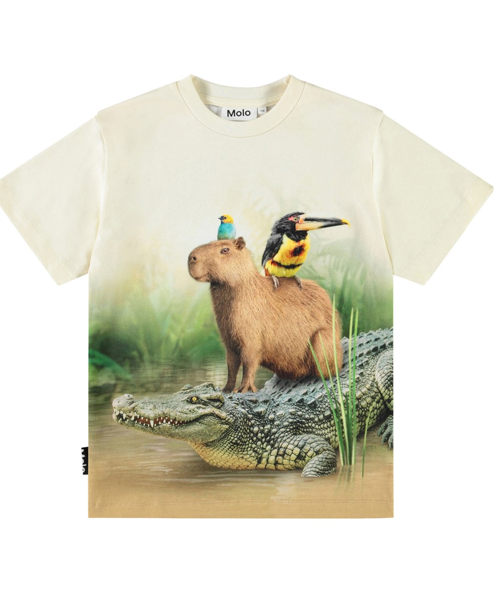 Rubin - Capybara Chill - Beiges T-Shirt für Kinder aus Öko-Baumwolle mit kurzen Ärmeln und geripptem Ausschnitt.