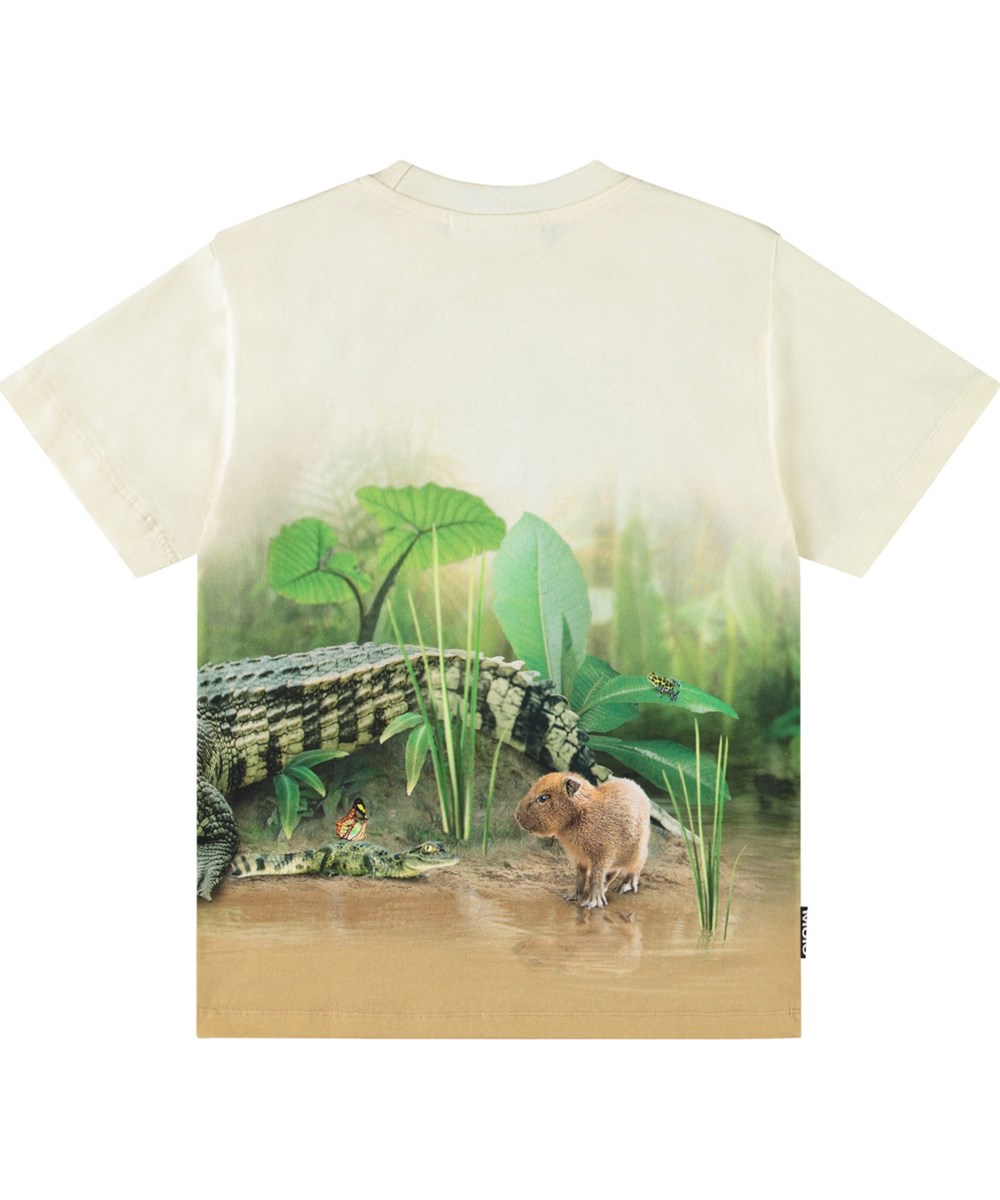 Rubin - Capybara Chill - Beiges T-Shirt für Kinder aus Öko-Baumwolle mit kurzen Ärmeln und geripptem Ausschnitt.