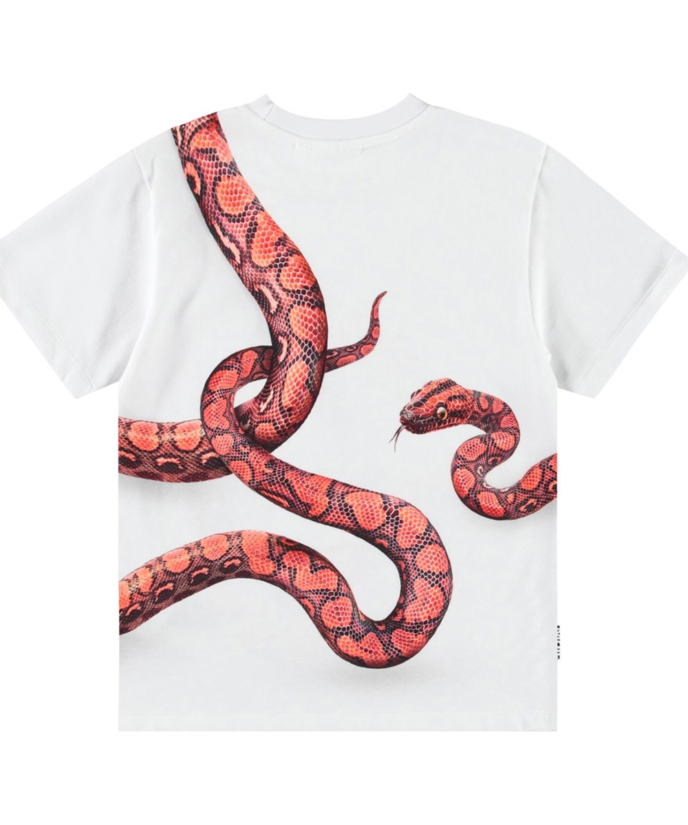 Rubin - Red Snake - Weißes T-Shirt für Kinder aus Öko-Baumwolle mit kurzen Ärmeln und geripptem Ausschnitt.