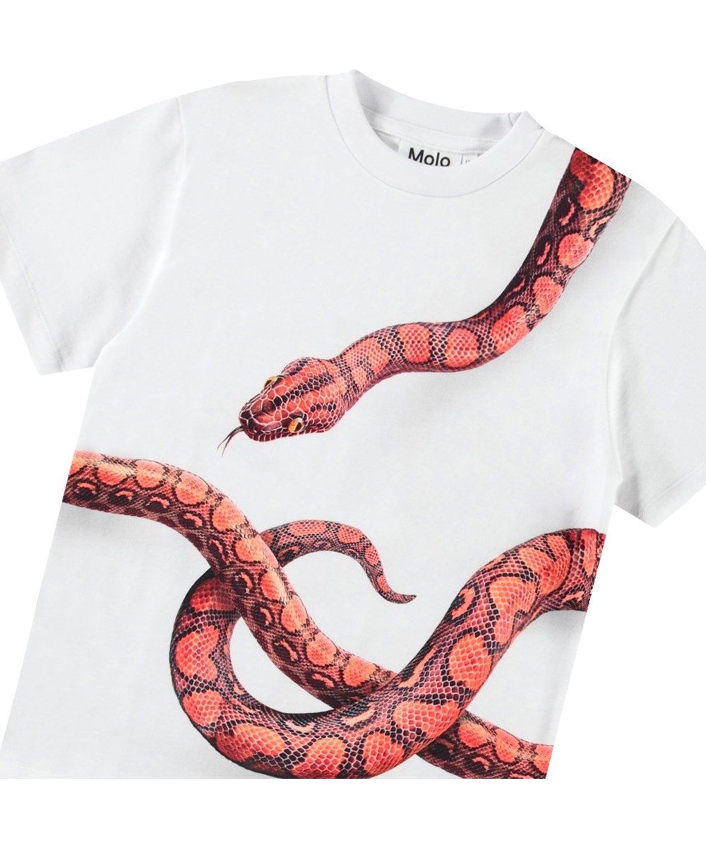 Rubin - Red Snake - Weißes T-Shirt für Kinder aus Öko-Baumwolle mit kurzen Ärmeln und geripptem Ausschnitt.