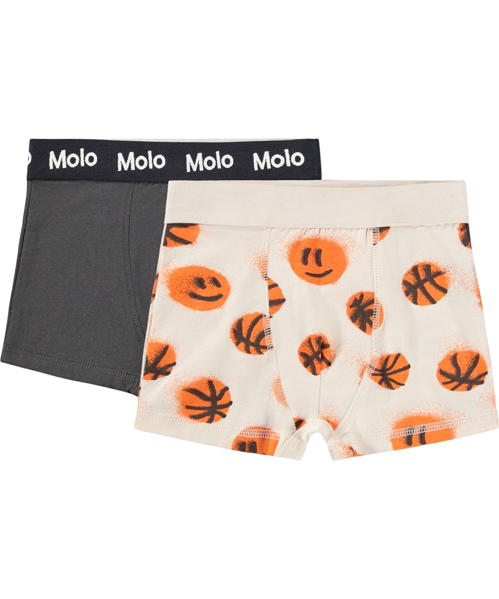 Justin 2-pack - Raven Basketballs - 2er-Pack graue und beige Boxershorts für Kinder aus Öko-Baumwolle für Kinder