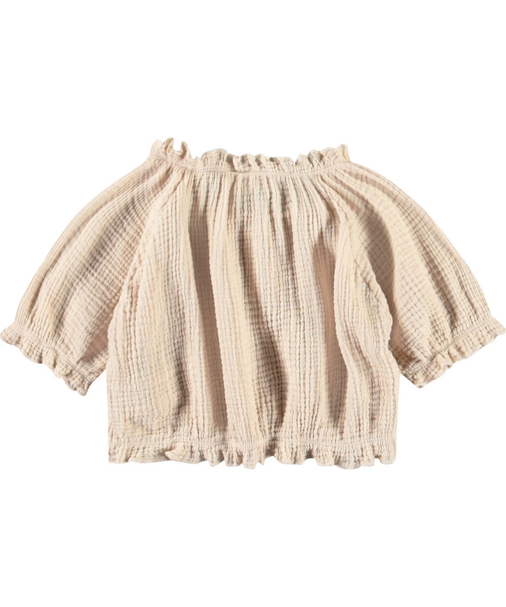 Rafaela - Brazilian Sand - Beiges Cropped-T-Shirt aus weichem Öko-Waffel-Baumwolle mit Rundhalsausschnitt.