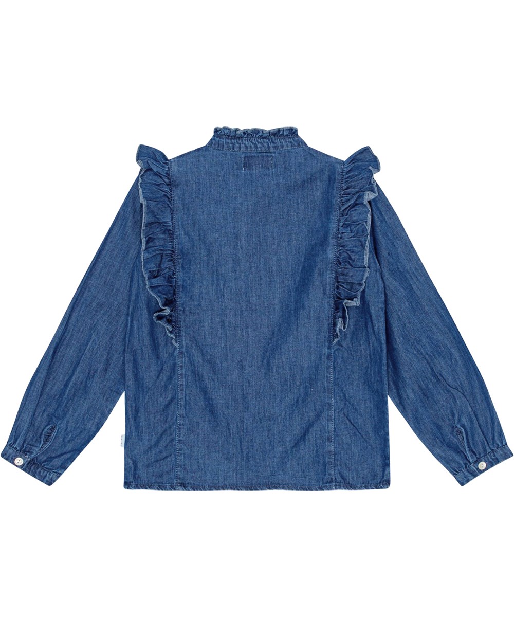 Raphaella - Mid Blue Wash - Locker sitzendes Jeanshemd aus Öko-Baumwolle mit Rüschen-Detail und Mandarin-Kragen.