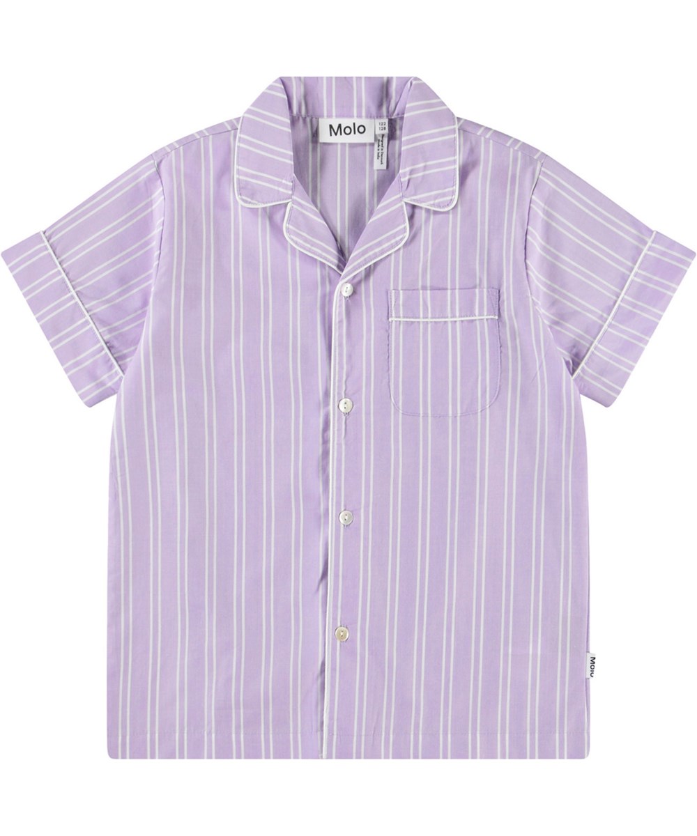 Rara - Purple Rail Stripe - Weißes und lila gestreiftes T-Shirt für Kinder aus Öko-Baumwolle.