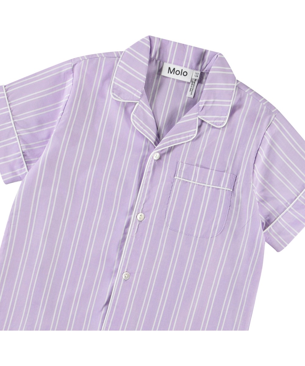 Rara - Purple Rail Stripe - Weißes und lila gestreiftes T-Shirt für Kinder aus Öko-Baumwolle.