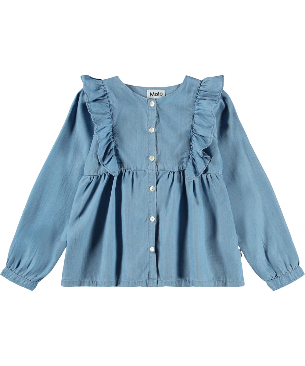 Rashida - Washed - Hellblaues Jeanshemd für Kinder aus Viskose mit Rüschen