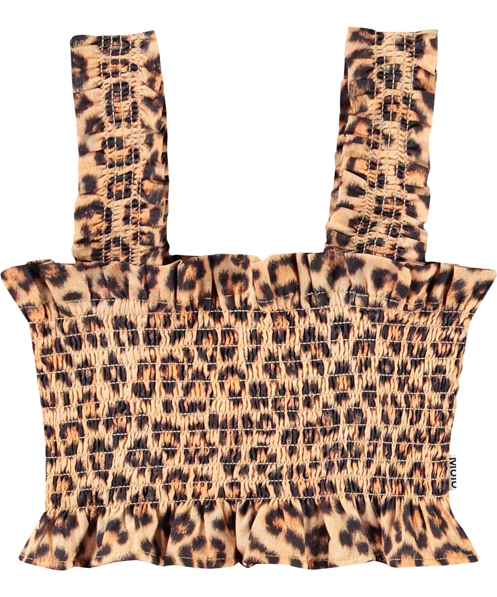 Rolfia - Allover Leo - Gepunktetes Crop-Top für Kinder aus Öko-Baumwolle mit Rüschenkante, Smock-Effekt und breiten Trägern.