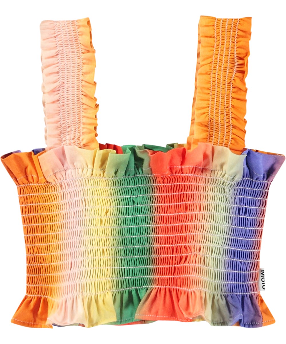 Rolfia - Big Rainbow - Bunt gestreiftes Crop-Top für Kinder aus Öko-Baumwolle mit Rüschen-Effekt, Volantkante und breiten Trägern.