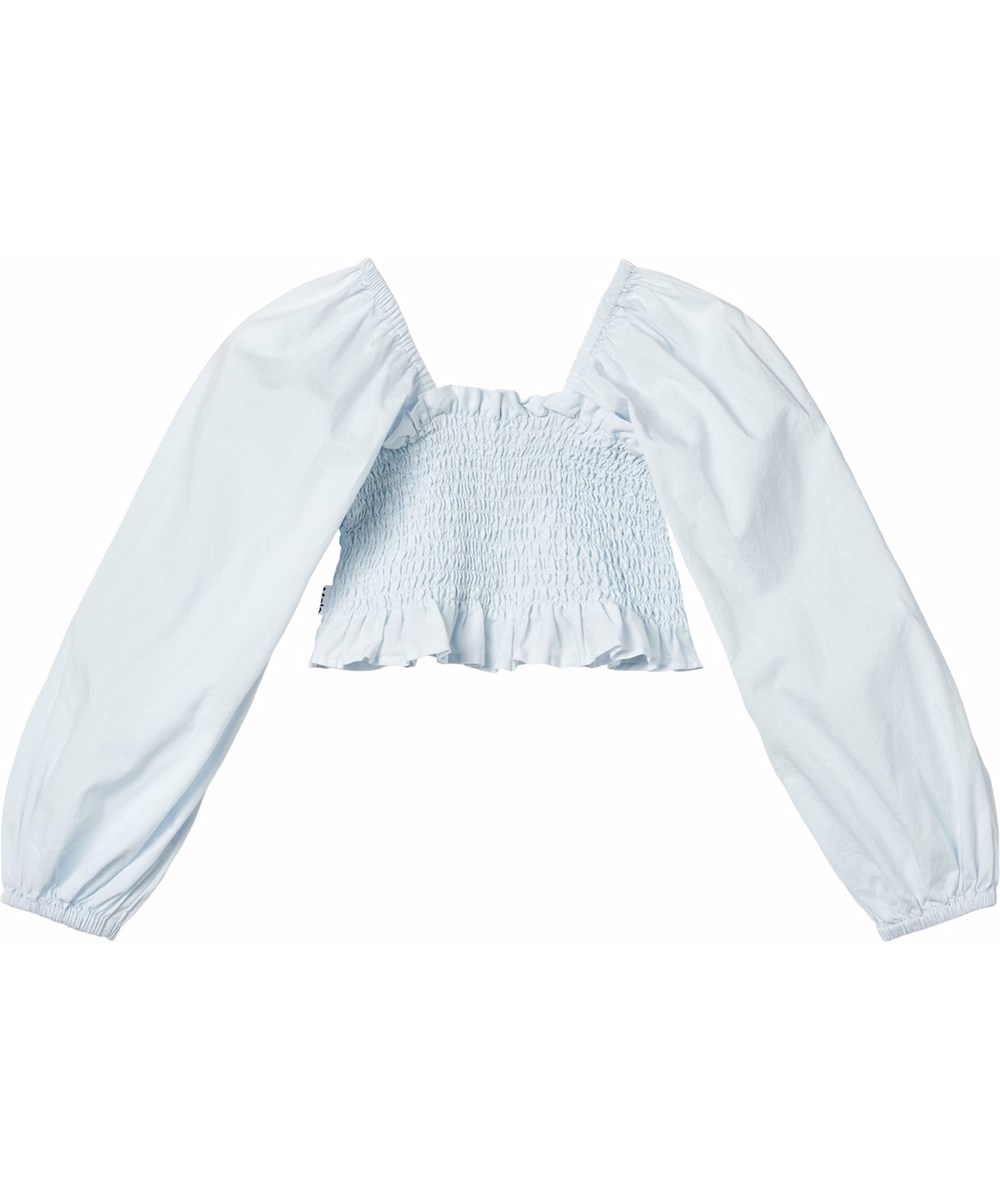 Rosemary - Skywriting - Hellblaue langärmelige bauchfreie Bluse für Kinder aus weicher Baumwolle mit Rüschen-Effekt.