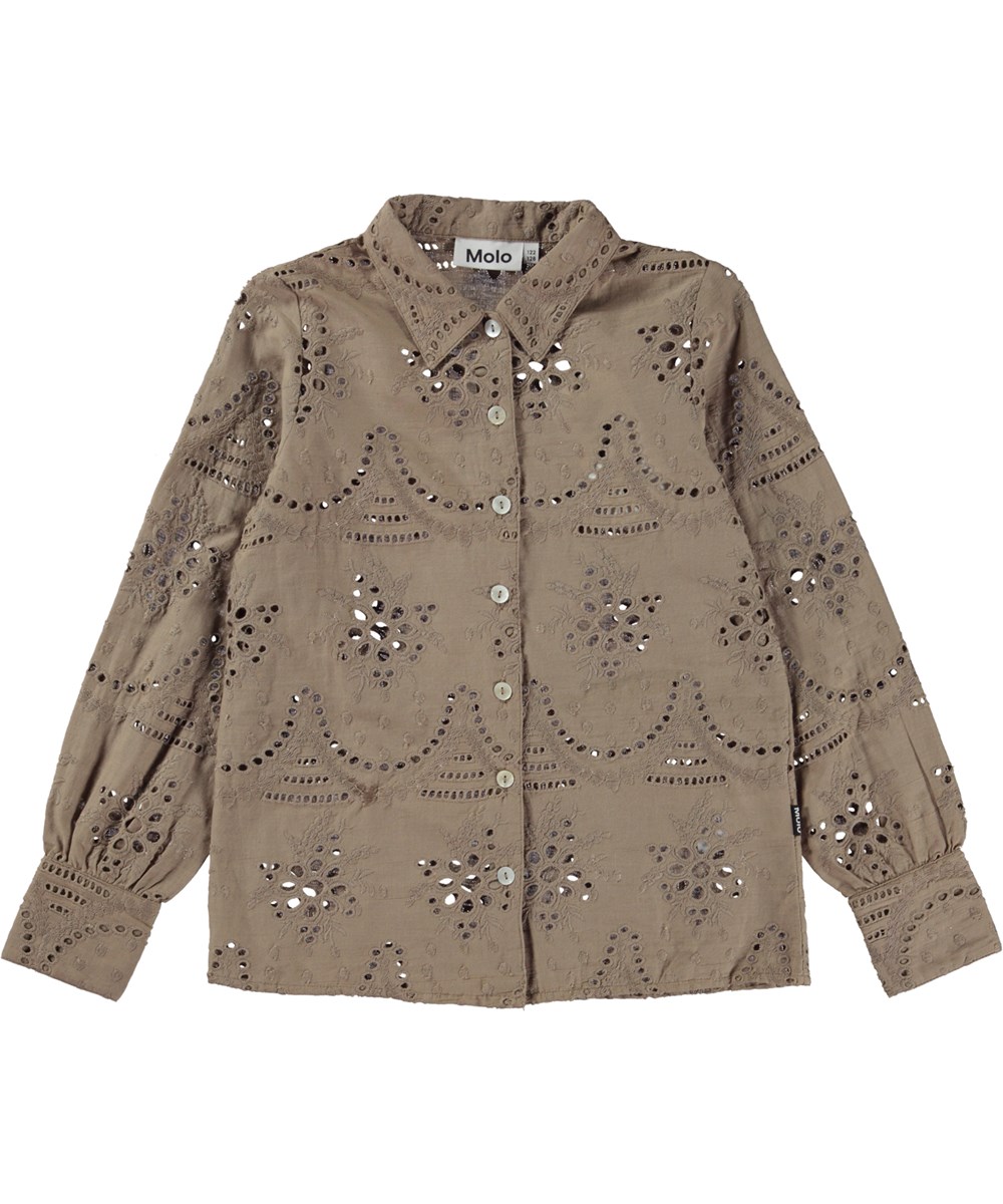 Runa - Moth Grey - Beiges Hemd mit durchgehender Lochstickerei