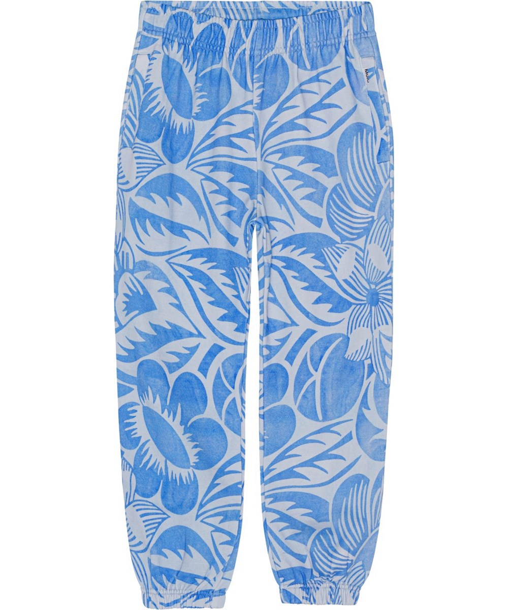 Adan - Charleston Blue - Hellblaue Hose aus Öko-Baumwolle mit einem Aufdruck aus kunstvollen Blumen