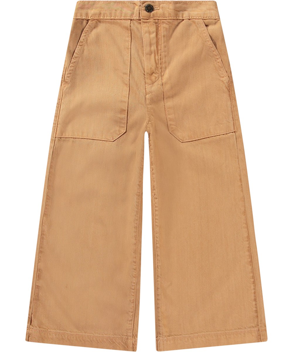 Adelyna - Brown Sugar - Bequeme braune 70er-Jahre-Hose mit elastischem Rücken für eine gute Passform.