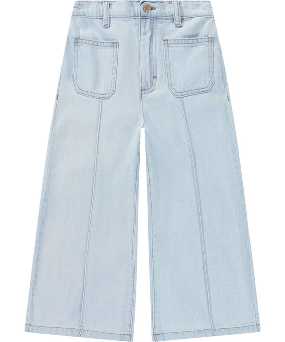 Adionella - Bleached Drapy - Hellblaue verkürzte Hose aus Viskose mit gesteppten Falten und Denim-Look für Kinder.