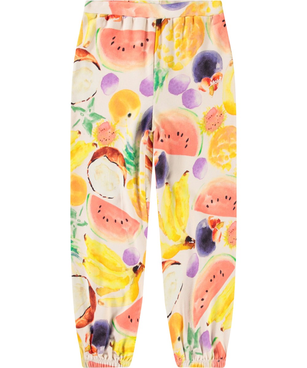 Adriana - Fruit Salad - Jerseyhose aus Öko-Baumwolle mit einem Druck bunter Früchte.