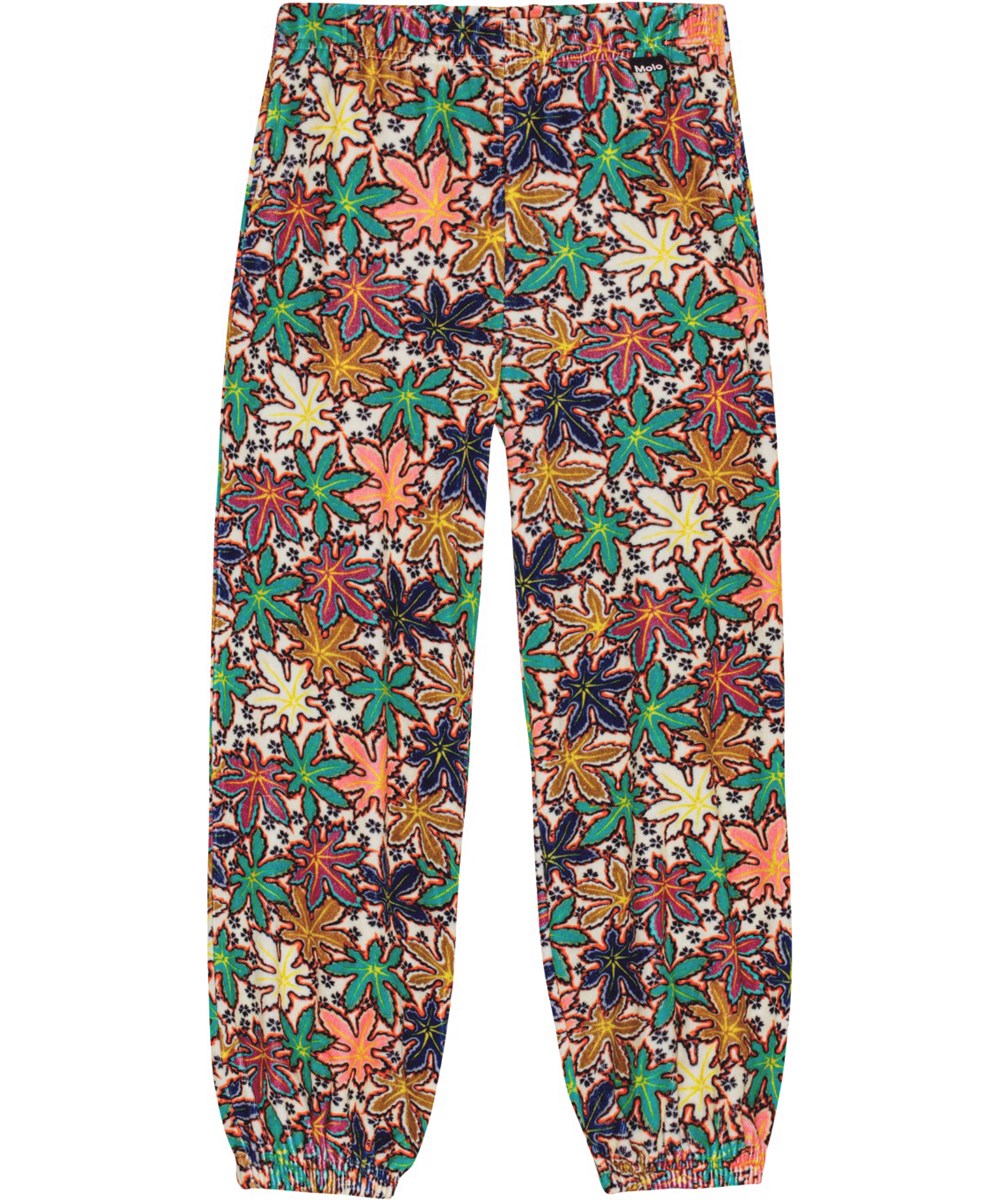 Adriana - Leafy Light - Hellbeige Samthose aus weicher Baumwolle mit mehrfarbigem Ahornblattmuster.