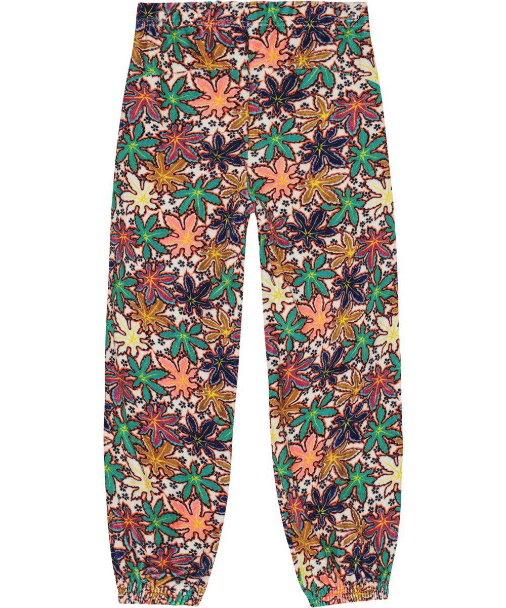 Adriana - Leafy Light - Hellbeige Samthose aus weicher Baumwolle mit mehrfarbigem Ahornblattmuster.