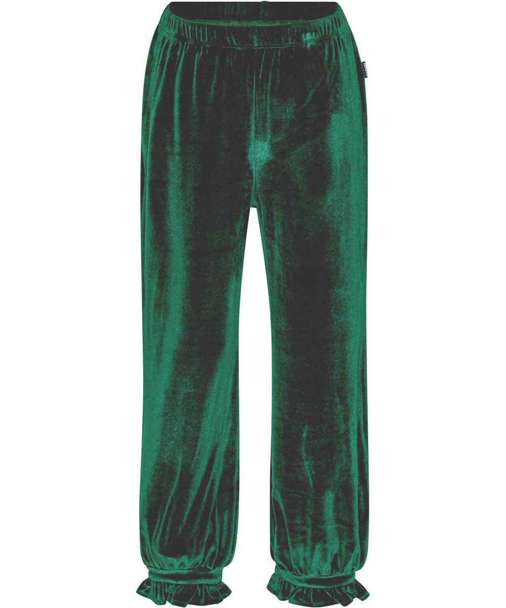 Agnete - Aventurine - Weiche grüne Samthose mit lockerer Passform und zarten Rüschen-Details.