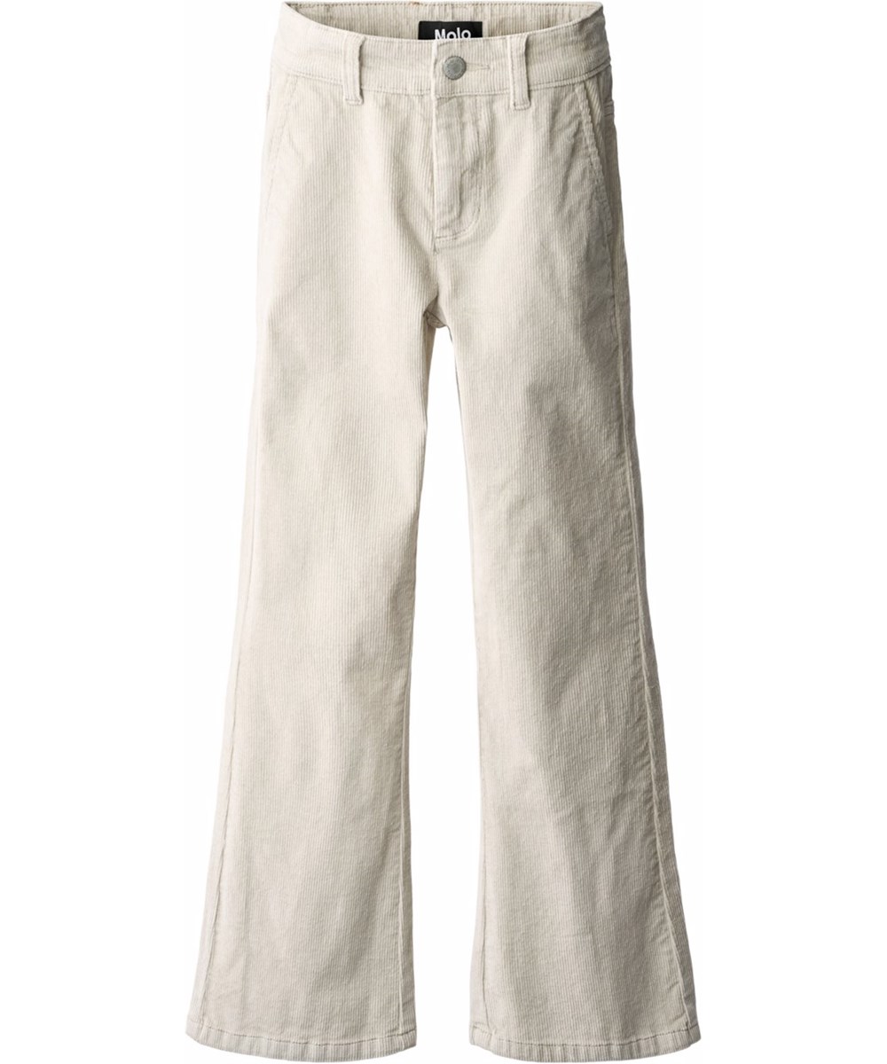 Aida - Quiet Grey - Weiße Hosen für Kinder aus weichem Baumwoll-Velvet in einer trompetenförmigen Silhouette.