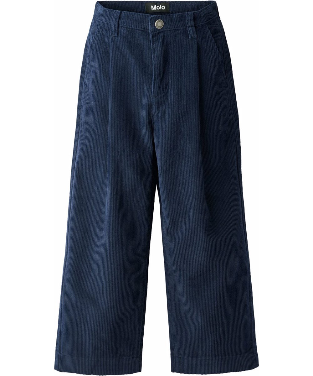 Alaine - Galaxy Blue - Dunkelblaue Hose für Kinder aus weichem Baumwoll-Velvet in lockerer Passform.