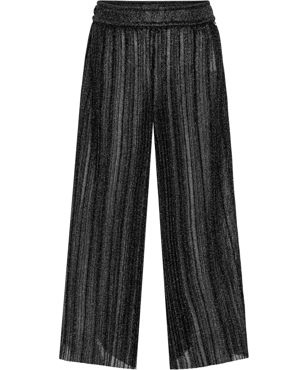 Aldora - Black - Schwarze glänzende Plissee-Hose mit elastischem Bund und lockerer Passform.