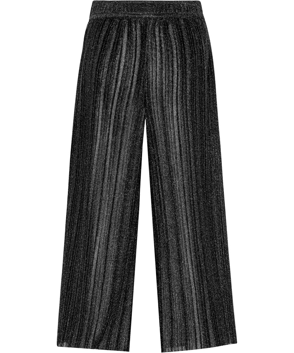 Aldora - Black - Schwarze glänzende Plissee-Hose mit elastischem Bund und lockerer Passform.