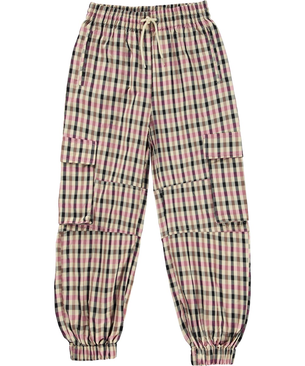 Aliki - Alpine Sand Check - Beigefarbene Cargohose mit pinkfarbenen und schwarzen Karos