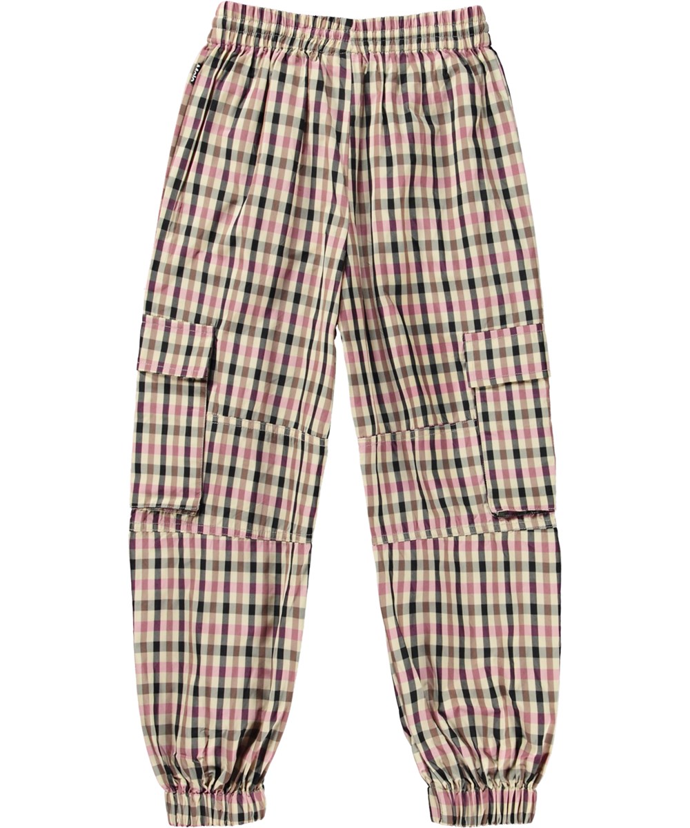 Aliki - Alpine Sand Check - Beigefarbene Cargohose mit pinkfarbenen und schwarzen Karos