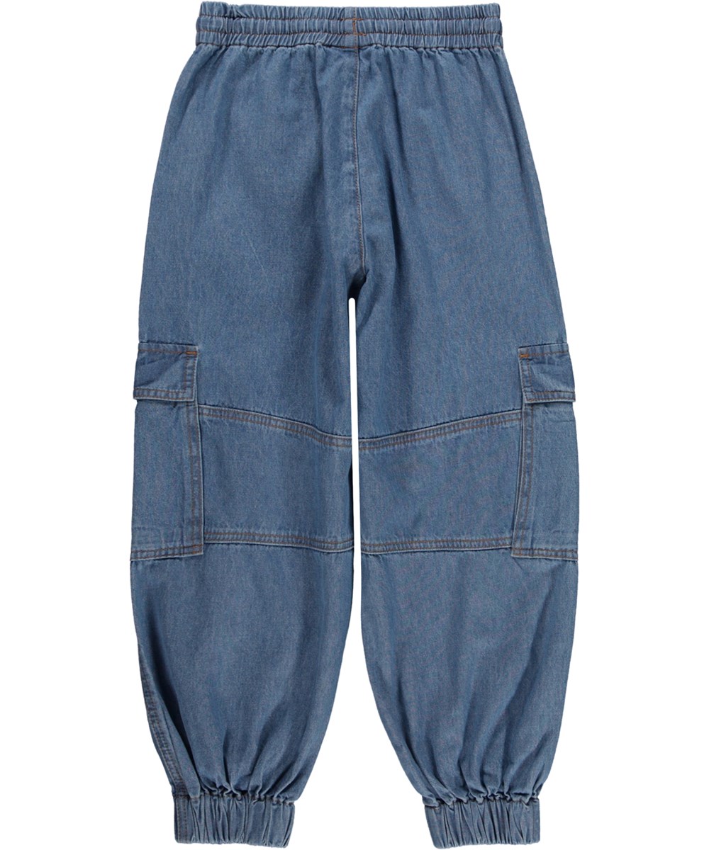 Aliki - Washed Chambrey - Blaue Öko-Cargohose aus Baumwollchambrey