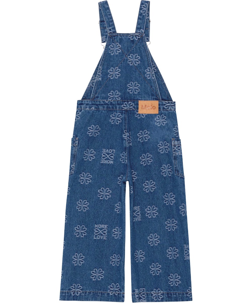 Amber - Infinity Love - Dunkelblaue Jeans-Latzhosen mit Molos gesticktem Kleeblatt und dem Wort „Love“