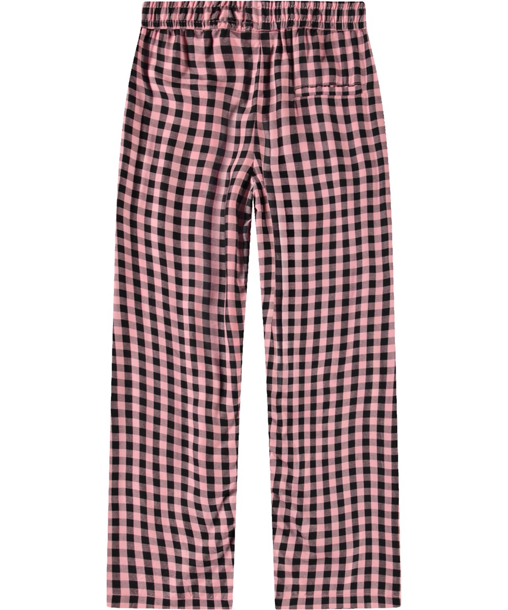 Ami - Rose Ginham - Schwarz-rosa karierte Hose für Kinder aus weicher Viskose.