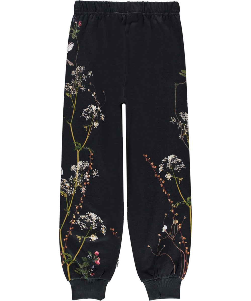 Amina - Moonlight Owls - Schwarze Öko-Jogginghose mit Beeren und Blumen