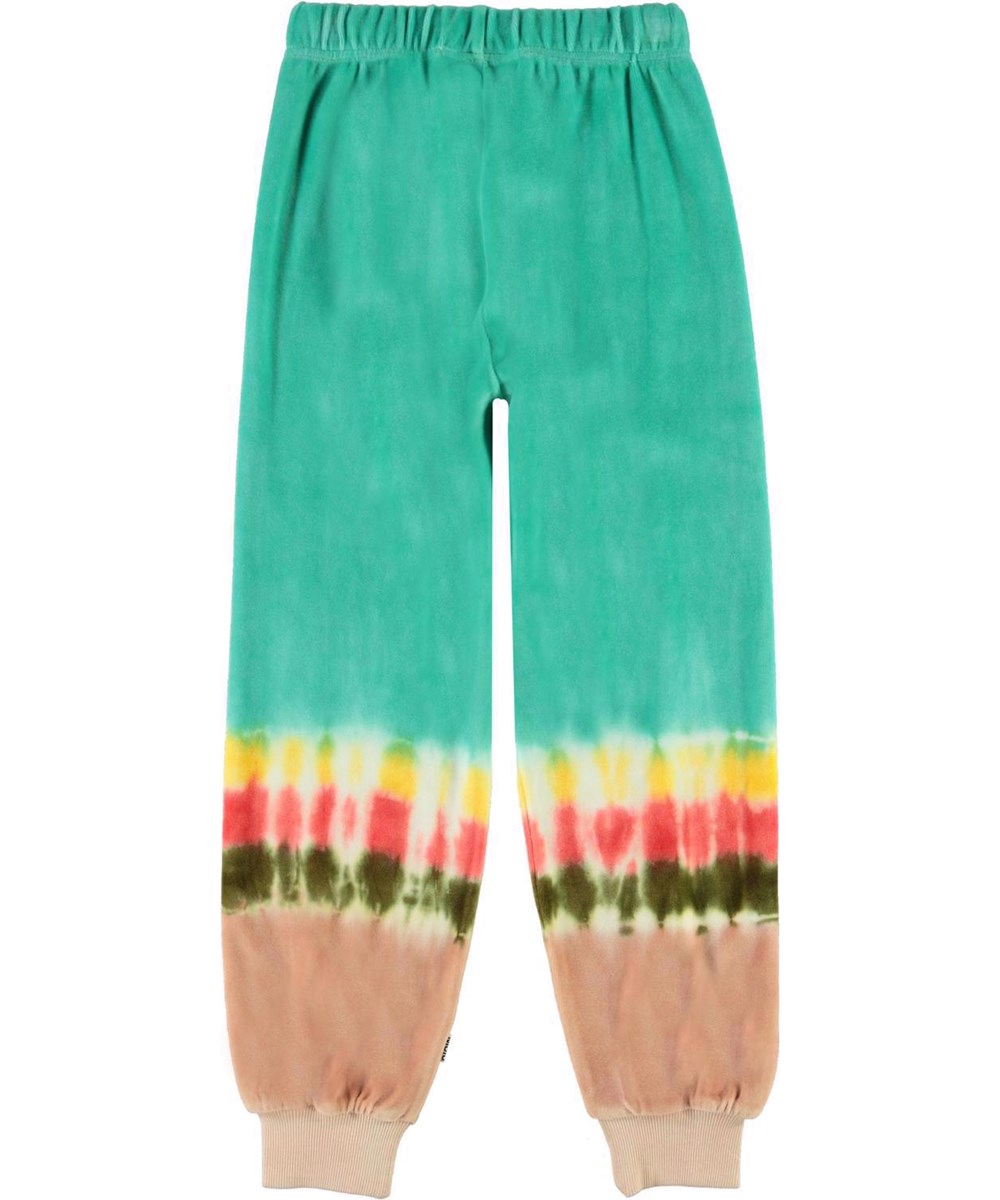 Amina - Tie Dye Stripe - Grüne Jogginghose aus Velours mit Batikdruck